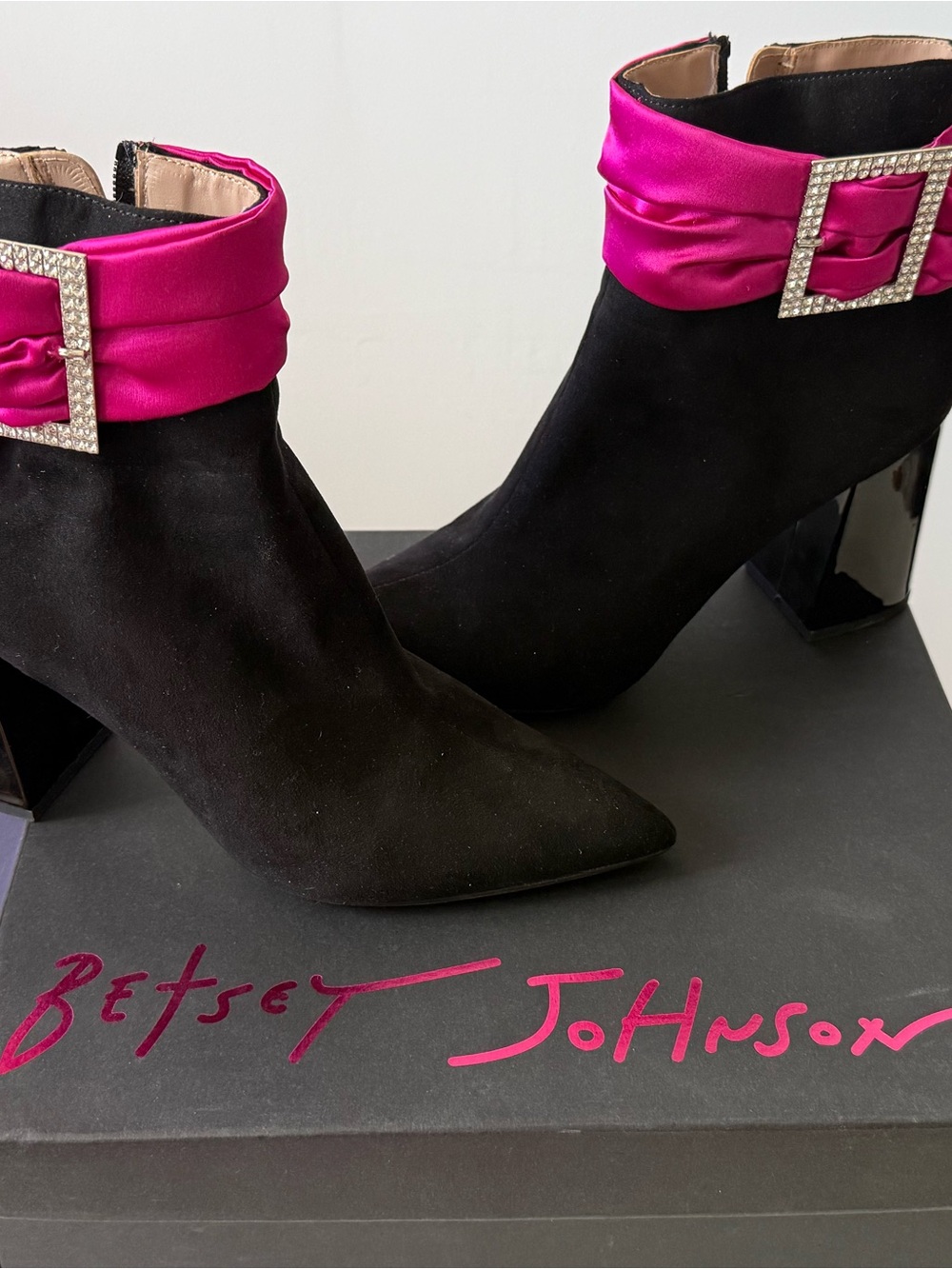 Betsey Johnson Black Suede Ankle Boots with Pink Satin Cuff